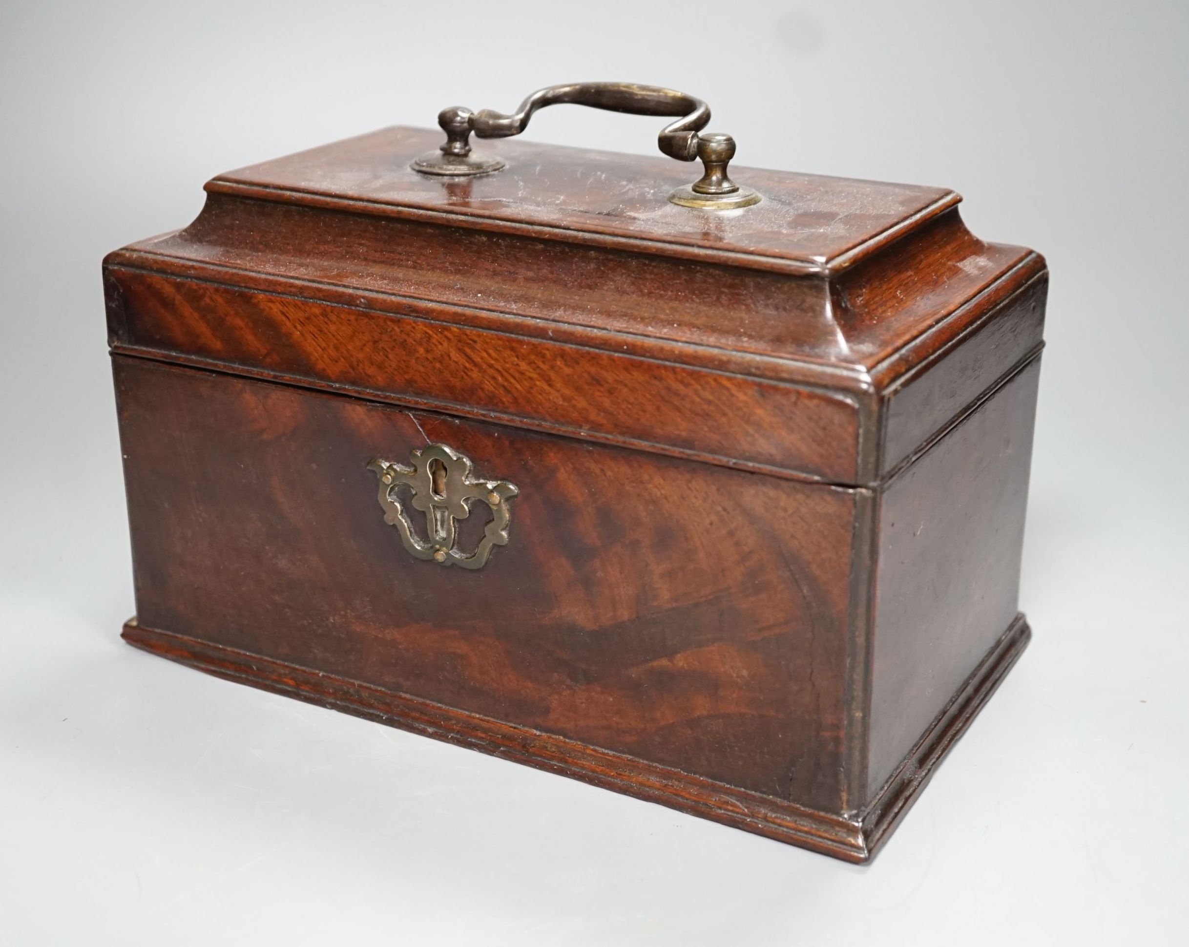 A Georgian mahogany tea caddy (feet missing) - 16cm high